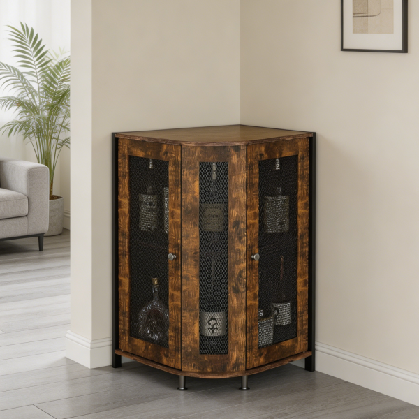3 Tier Industrial Corner Cabinet with Open Shelf Rustic Brown