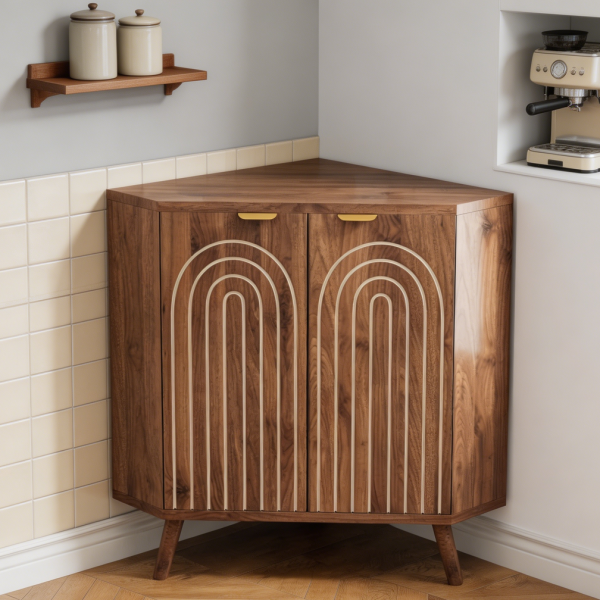 Walnut Fluted Curved Door Mid Century Corner Cabinet